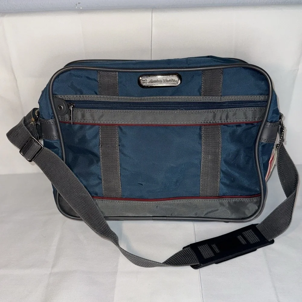 American Tourister Blue Canvas Carry On Bag Shoulder Strap Luggage Tag Footed